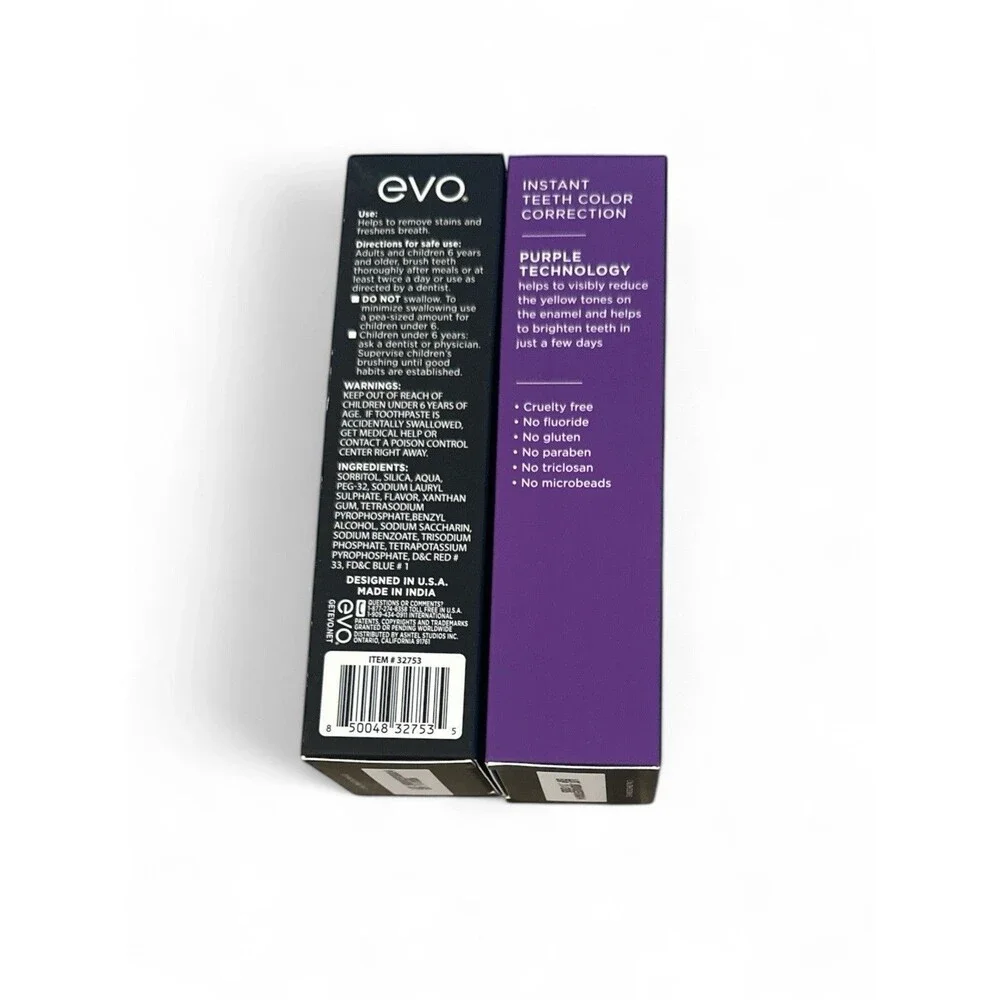 2 Evo Purple Toothpaste Instant Color Correction Peppermint Flouride Free  3.5oz